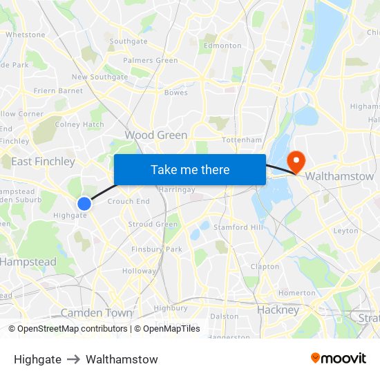 Highgate to Walthamstow map