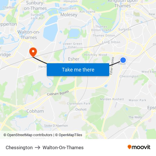 Chessington to Walton-On-Thames map