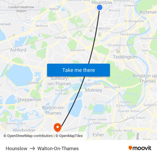 Hounslow to Walton-On-Thames map