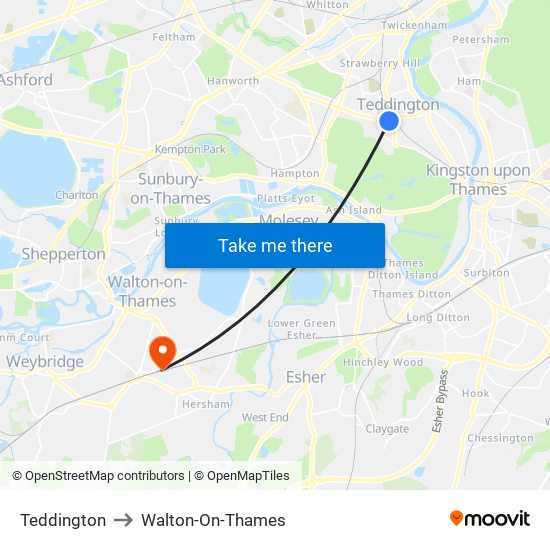 Teddington to Walton-On-Thames map