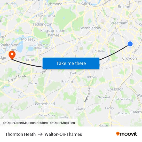 Thornton Heath to Walton-On-Thames map