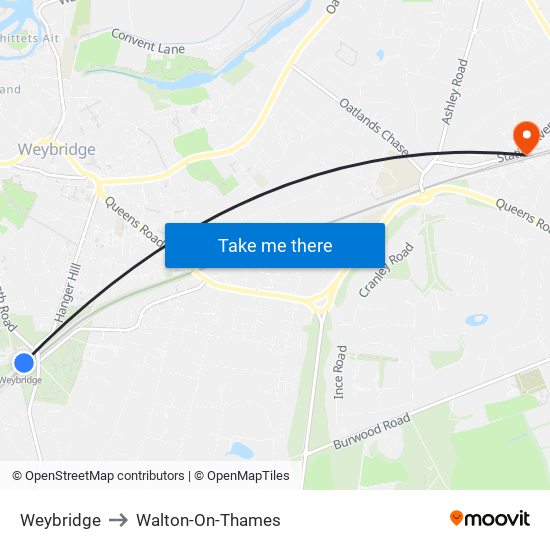 Weybridge to Walton-On-Thames map