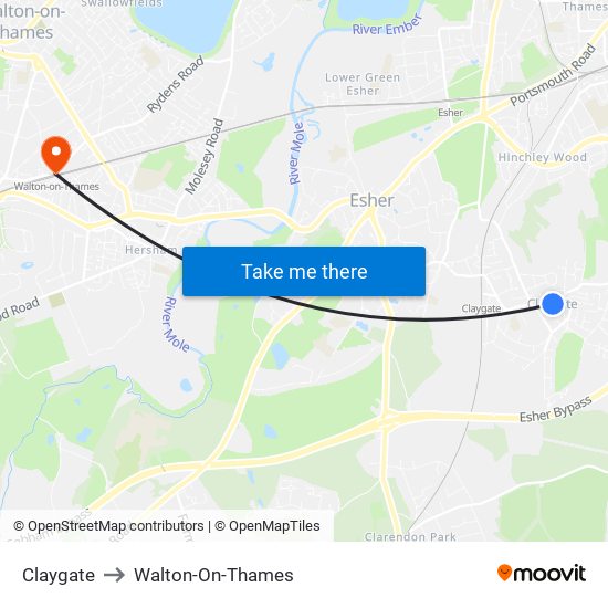 Claygate to Walton-On-Thames map