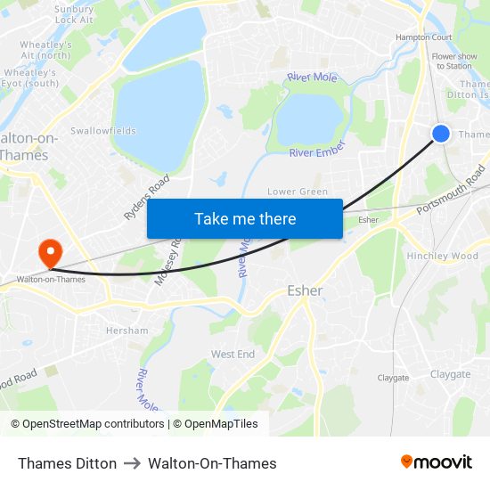 Thames Ditton to Walton-On-Thames map