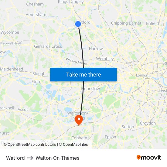 Watford to Walton-On-Thames map