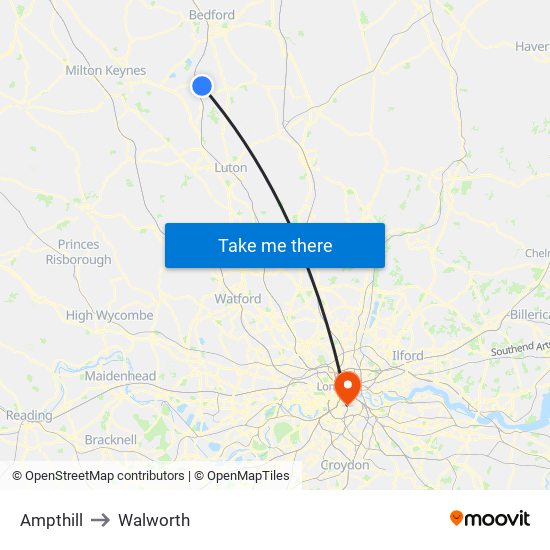 Ampthill to Walworth map