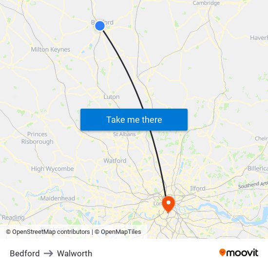 Bedford to Walworth map