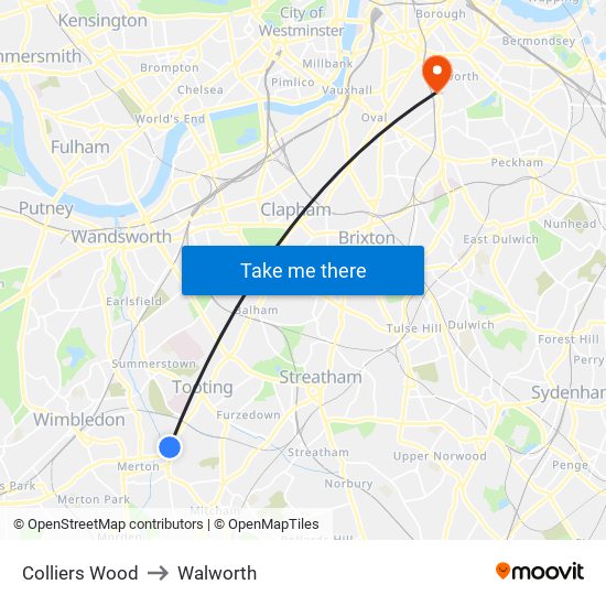 Colliers Wood to Walworth map