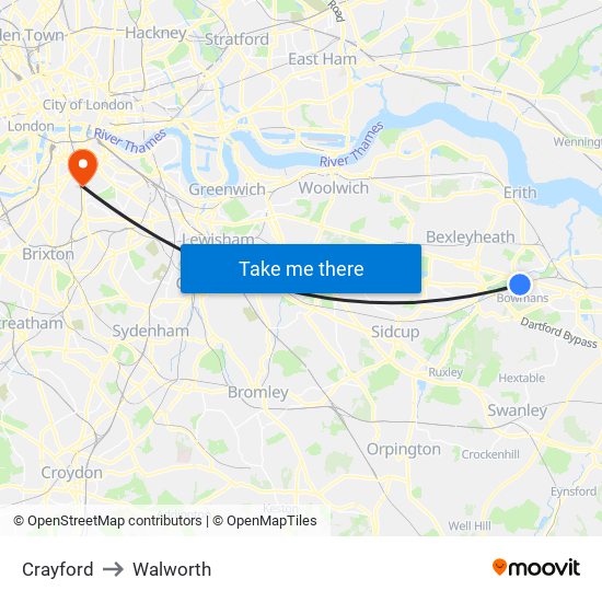 Crayford to Walworth map