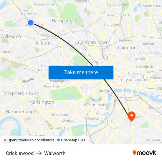 Cricklewood to Walworth map