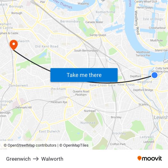 Greenwich to Walworth map