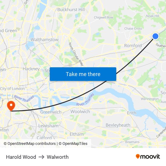 Harold Wood to Walworth map