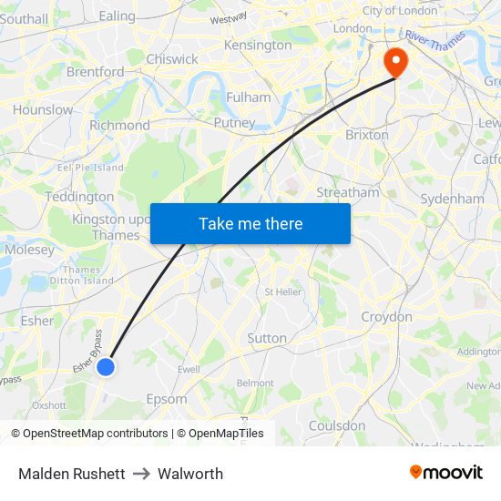 Malden Rushett to Walworth map