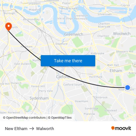 New Eltham to Walworth map