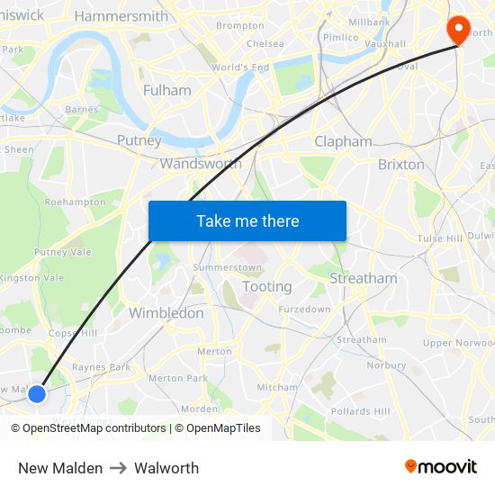 New Malden to Walworth map