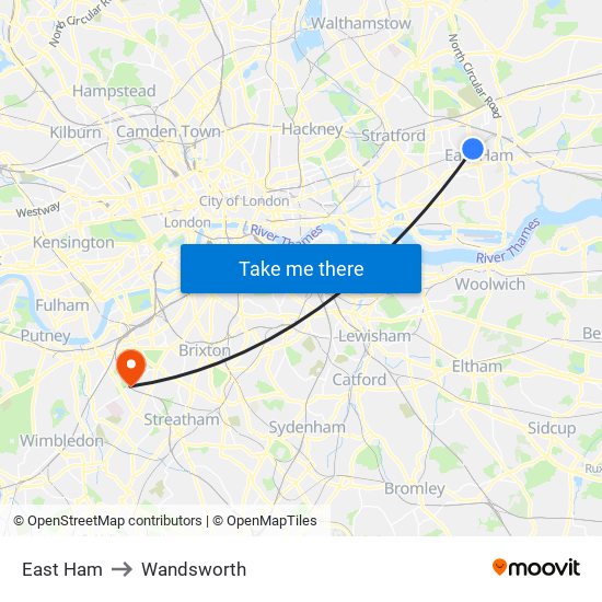 East Ham to Wandsworth map