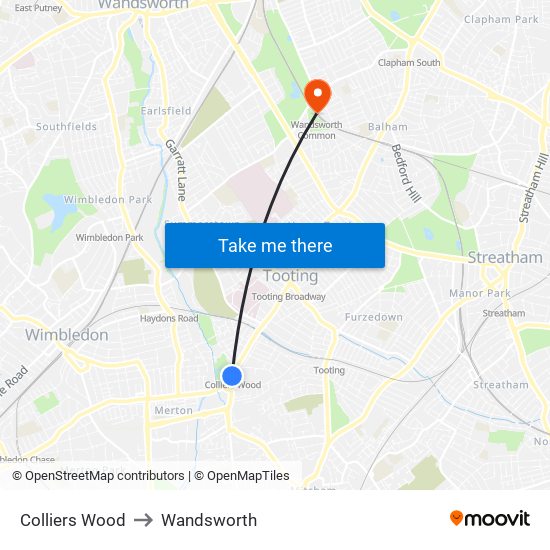 Colliers Wood to Wandsworth map