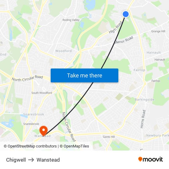 Chigwell to Wanstead map