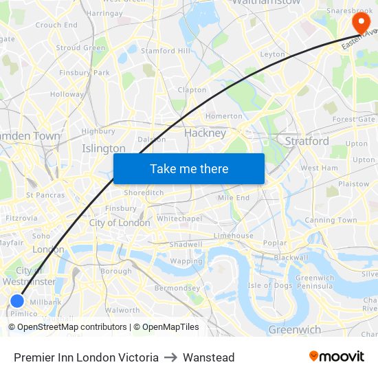 Premier Inn London Victoria to Wanstead map