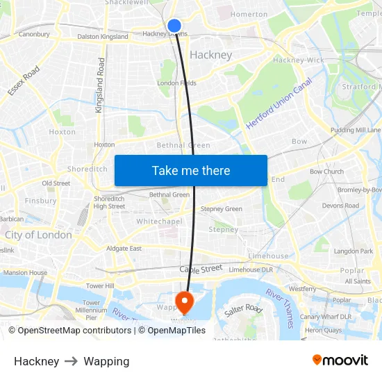 Hackney to Wapping map