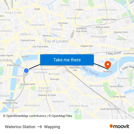 Waterloo Station to Wapping map