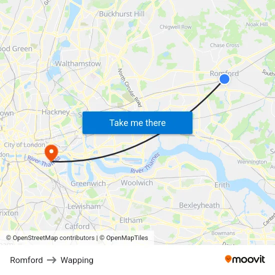 Romford to Wapping map