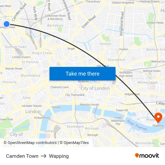 Camden Town to Wapping map