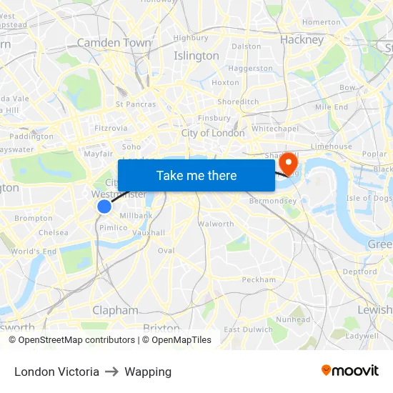 London Victoria to Wapping map