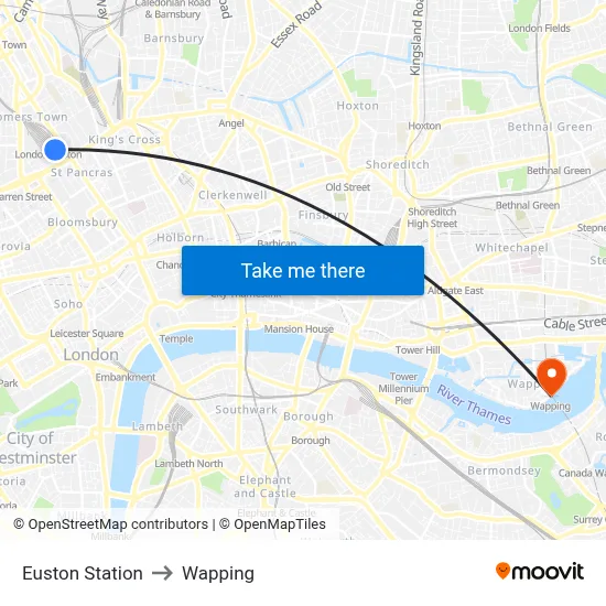 Euston Station to Wapping map