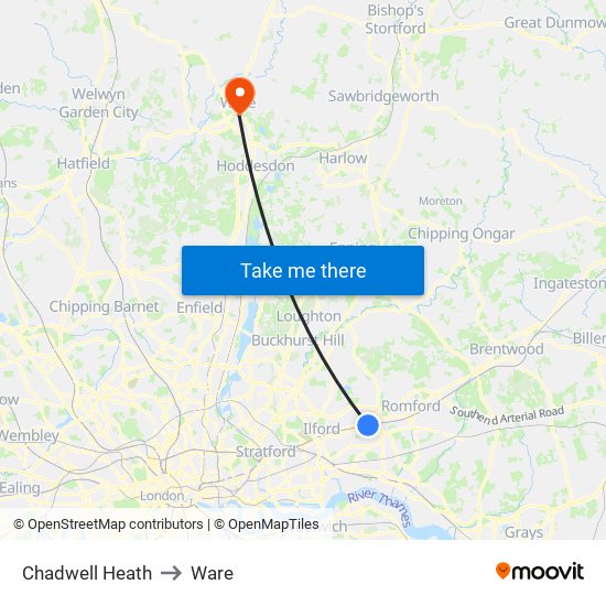 Chadwell Heath to Ware map