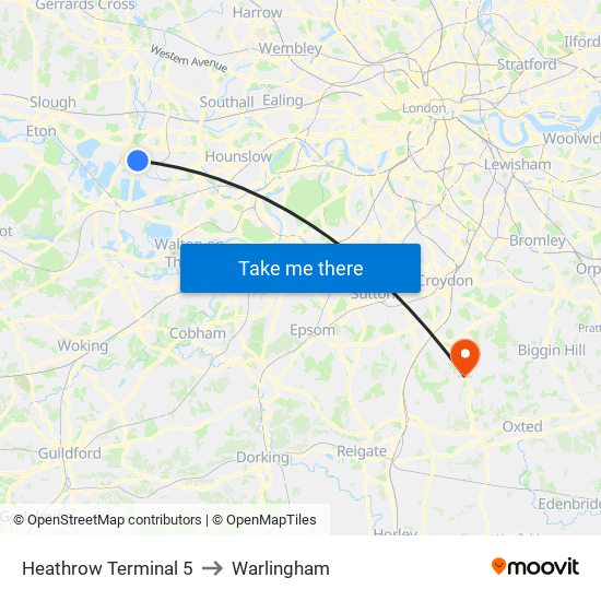 Heathrow Terminal 5 to Warlingham map