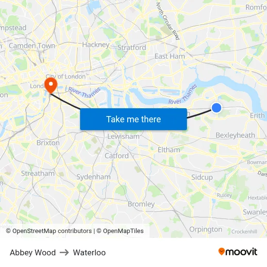 Abbey Wood to Waterloo map