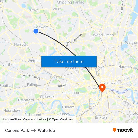 Canons Park to Waterloo map