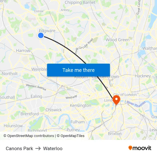 Canons Park to Waterloo map