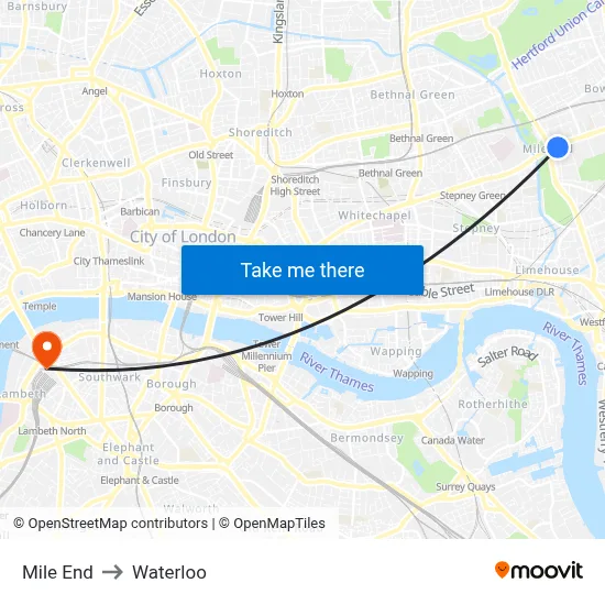 Mile End to Waterloo map