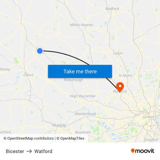 Bicester to Watford map