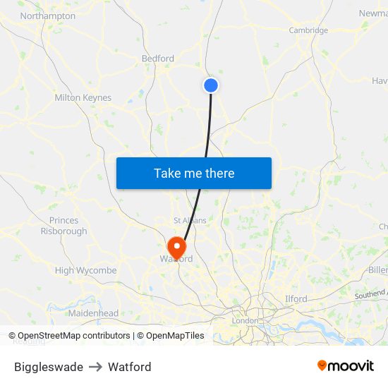 Biggleswade to Watford map