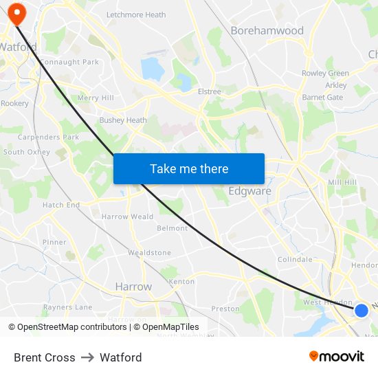 Brent Cross to Watford map