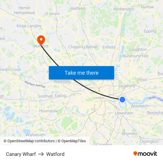 Canary Wharf to Watford map