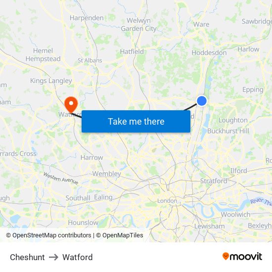 Cheshunt to Watford map