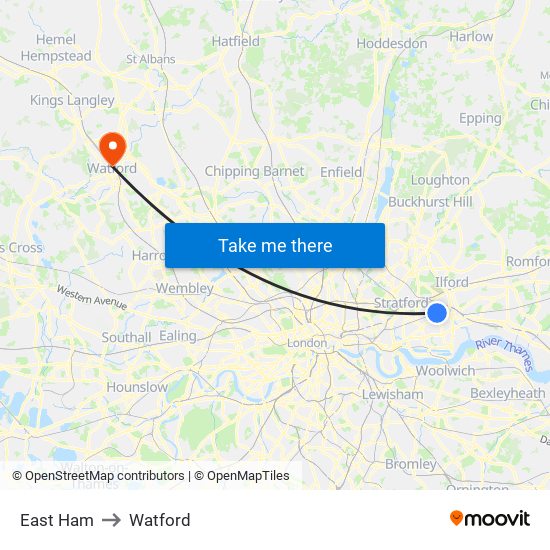 East Ham to Watford map