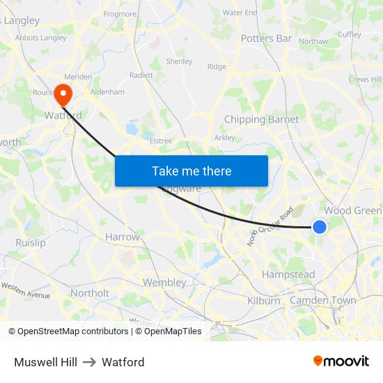 Muswell Hill to Watford map