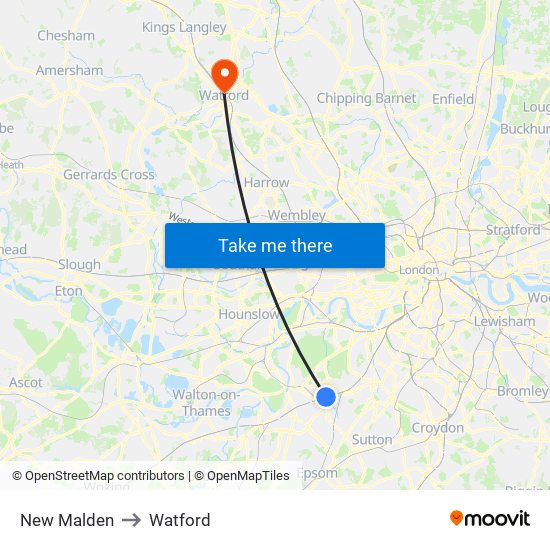 New Malden to Watford map