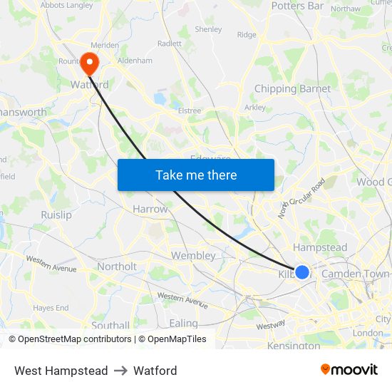 West Hampstead to Watford map