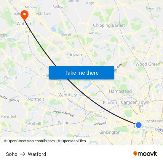 Soho to Watford map