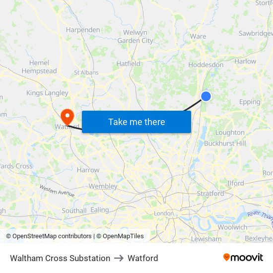 Waltham Cross Substation to Watford map