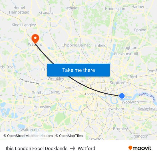 Ibis London Excel Docklands to Watford map