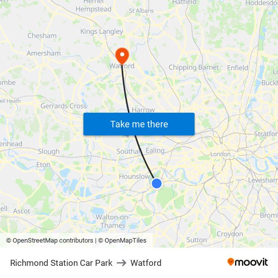 Richmond Station Car Park to Watford map