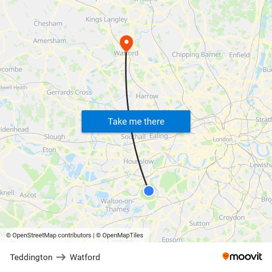 Teddington to Watford map