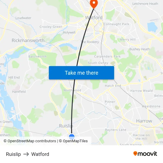 Ruislip to Watford map